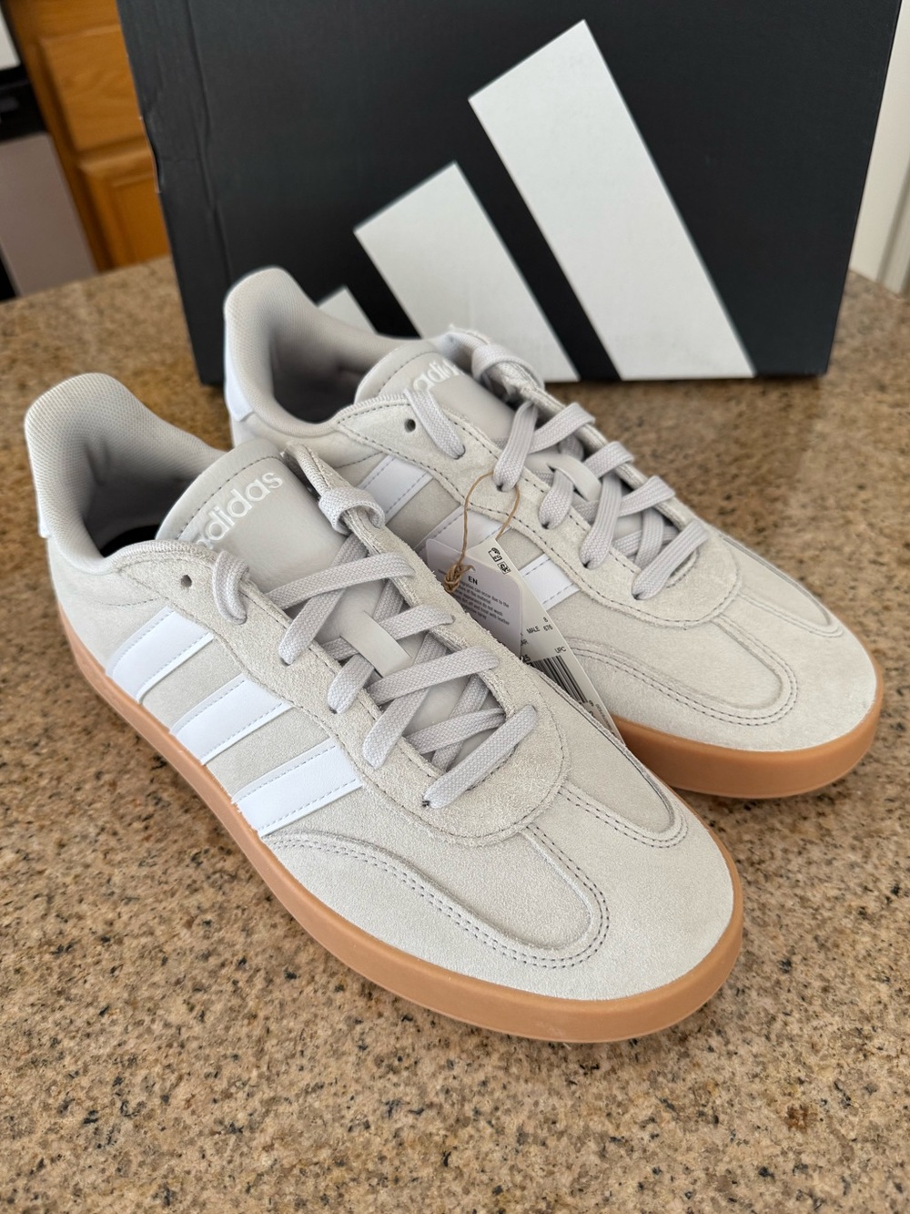 adidas Barreda Women’s Cream Suede Sneakers with White Stripes and Gum Sole NEW